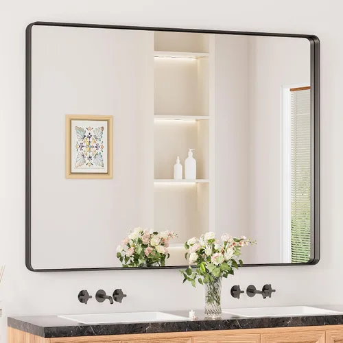 Miniatura 56 de Keonjinn Espejos de baño negros para sobre el fregadero, espejos cuadrados grandes de 36 x 36 pulgadas para pared, espejo rectangular redondeado