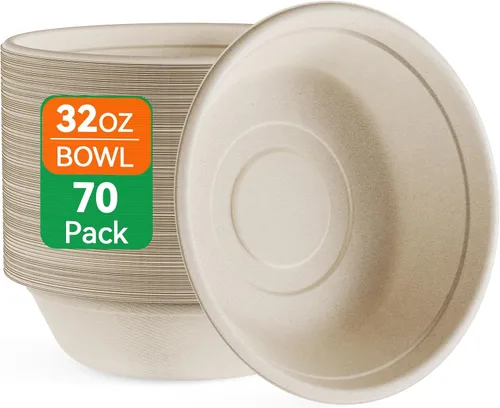 ECOLipak Cuencos de papel desechables compostables grandes de 32 onzas, paquete de 70 cuencos de sopa de caña de azúcar biodegradables con bagazo