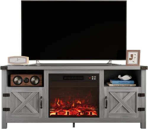 Miniatura 11 de Furmax - Soporte de TV con chimenea para televisor de 65 pulgadas, centro de entretenimiento con gabinetes de almacenamiento y 2 estantes abiertos