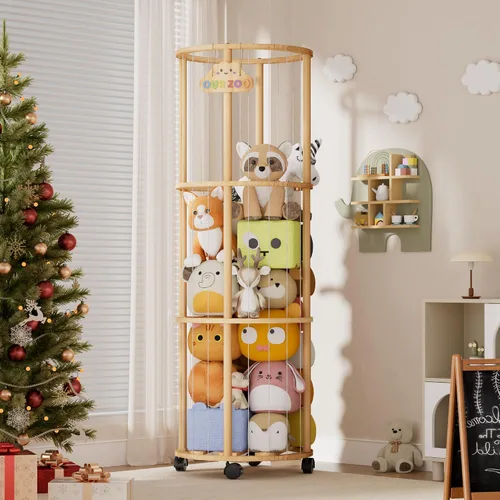 Almacenamiento de animales de peluche con ruedas, organizador de juguetes de madera con capacidad extragrande, soporte de felpa que ahorra espacio,