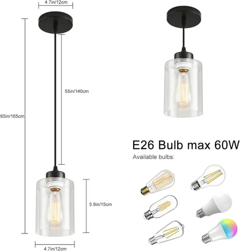 Miniatura 5 de Lámpara Colgante Fijo, Paquete de 3 Lámparas de Techo con Pantalla de Vidrio Transparente, Ajustable, para Cocina y Comedor, Negro, 30 x 15 x 22 cm