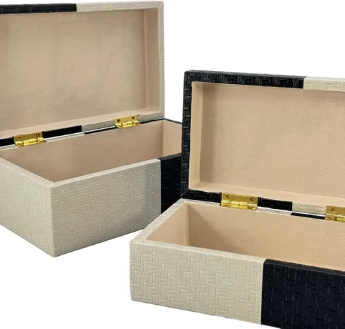 Miniatura 6 de Galt International Cajas de almacenamiento decorativas de cuero vegano, caja grande y pequeña con tapa con bisagras, diseño de cuero a cuadros negro