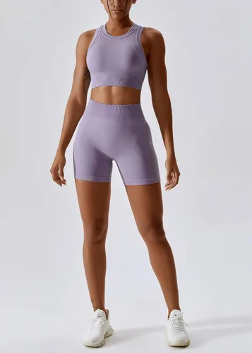 Miniatura 82 de Conjuntos de entrenamiento para mujer, 2 piezas, sin costuras, acanalada, sin mangas, brasier deportivo, cintura alta, pantalones cortos