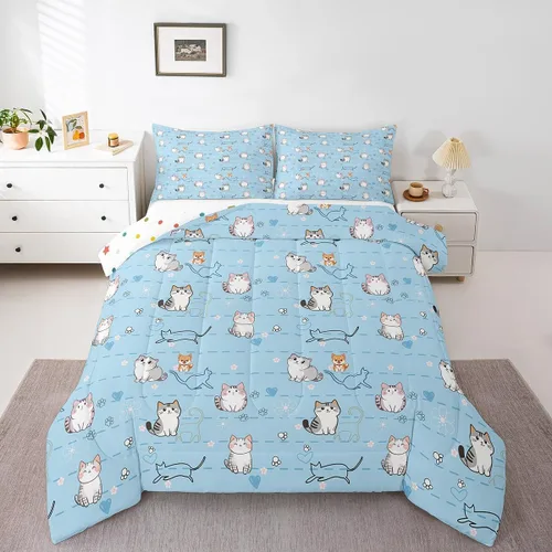 Miniatura 37 de Erosebridal Lindo juego de edredón de gato, tamaño individual, kawaii, fresa, juego de ropa de cama para niñas, diseño de arco iris, edredón rosa