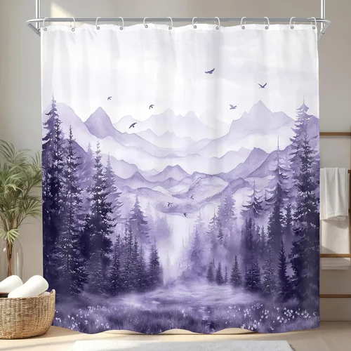 Miniatura 14 de KOMLLEX Cortina de ducha de montaña azul para decoración de baño, 72 pulgadas de ancho x 72 pulgadas de alto, rústico, acuarela, bosque, pino