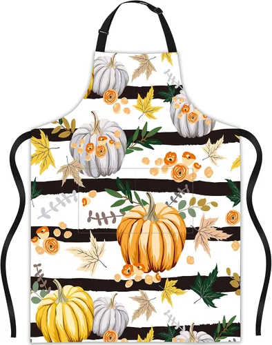 Delantal de rayas de flores de calabaza con hojas de otoño, regalos para mujeres, delantal con cuello ajustable, impermeable, para mujeres y
