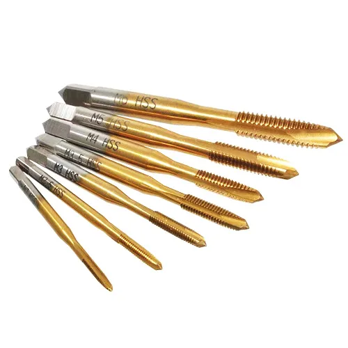 Miniatura 5 de 7 piezas HSS6542 punta espiral de titanio recubierto de titanio máquina de rosca métrica juego de taladro y grifo herramienta de roscas M2 M2.5 M3