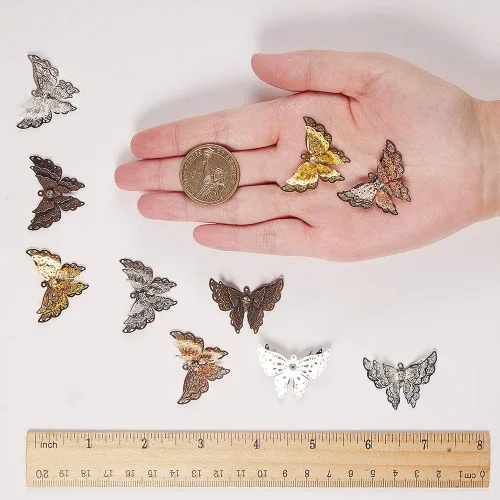 Miniatura 4 de SUNNYCLUE 1 caja de 10 dijes de filigrana de mariposa de 1.339 x 1.024 in, 3 capas de diamantes de imitación de filigrana hueca para manualidades