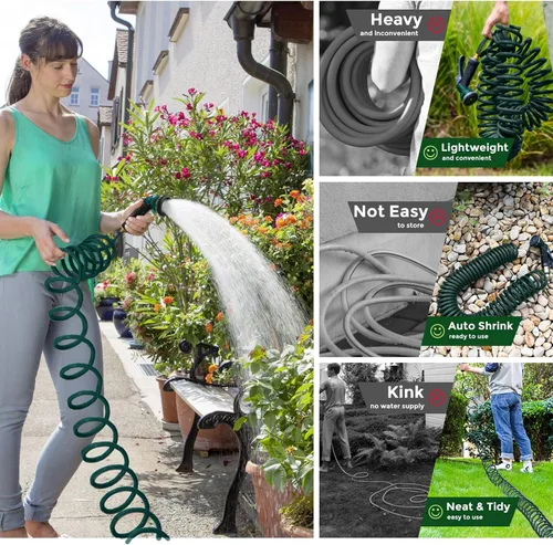 Miniatura 5 de Manguera de jardín de bobina de EVA de 25 pies con conector de latón de 3/4 pulgadas, manguera de agua en espiral, ligera y sin torceduras, incluye