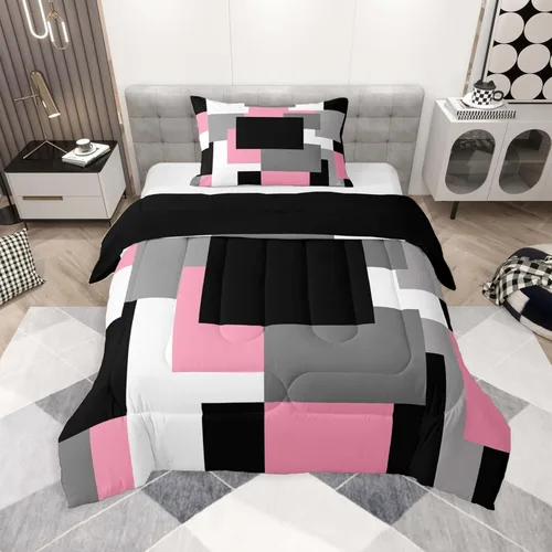 Miniatura 19 de jejeloiu Juego de edredón geométrico para niños, tamaño individual, diseño de rayas de color negro, blanco y gris, juego de ropa de cama decorativo