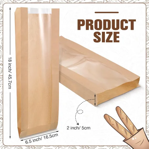 Miniatura 2 de Thenshop 100 bolsas de pan de papel con ventana para bolsas de pan caseras, bolsas de almacenamiento de pan de papel kraft marrón, embalaje largo