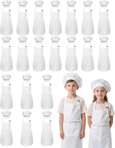 Miniatura 13 de Juego de delantal y sombrero de chef para niños, 24 piezas con 2 bolsillos ajustables para cocinar, aula, hornear, pintura, 6 a 13 años
