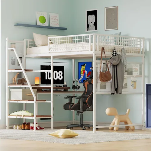 Miniatura 13 de KEIKI Litera Full sobre Twin con Estación de Carga, Cama Alta de Metal con Escritorio & Protector de Seguridad & Escaleras, Marco de Cama de Metal