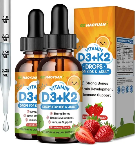 Miniatura 10 de Gotas de vitamina D3 K2 para niños, suplemento líquido con calcio, Omega 3, zinc, vitamina D3 K2 para absorción de calcio huesos saludables
