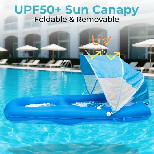 Miniatura 6 de Fabric Covered Inflatable Pool Lounger Float Adult, 70"x39" Extra Large Pool Float w/ UPF50+ Sunshade Canopy & Cupholder Caddy, Water Floaties Raft