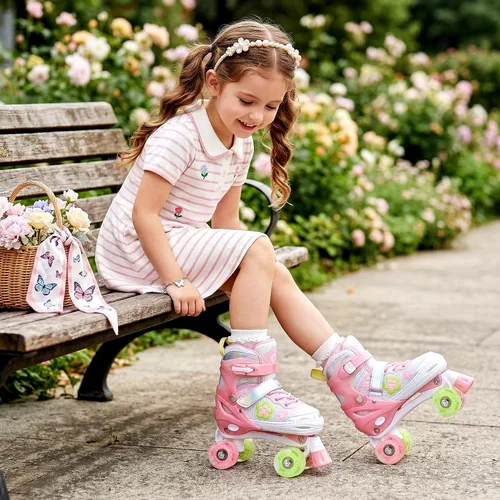 Miniatura 7 de SULIFEEL Patines ajustables de ruedas para niñas de 5-8 6-12 años con lunares y lazo, ruedas iluminadas, 4 tamaños ajustables para patinaje