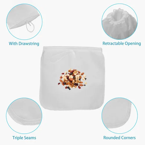 Miniatura 3 de Paquete de 2 bolsas reutilizables de malla fina de 150 micrones, bolsa de leche de nueces, colador de nailon para colar jugos de frutas, prensa