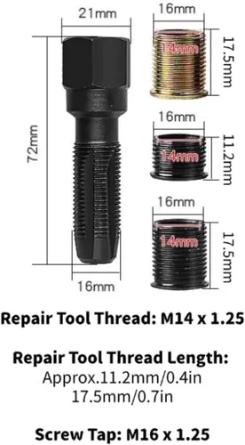 Miniatura 4 de Kit de reparación de roscas de bujía, herramienta de reparación de roscas de bujía M14x1.25, kit de reenhebrado portátil de acero al carbono