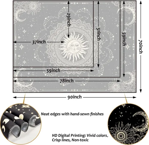 Miniatura 6 de ARTCREATOR Tapiz de sol y luna, tapices de mandala negro dorado para colgar en la pared, decoración bohemia hippie para dormitorio, sala de estar