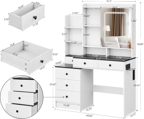 Miniatura 5 de KAMABOKO Escritorio de tocador con luz y espejo, mesa de maquillaje blanca con cajones y estación de carga, 3 modos ajustables para dormitorio y 042