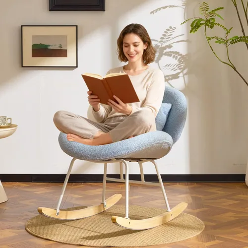 Miniatura 11 de VINGLI Silla mecedora de guardería extra ancha de 25.6" de 115° sin brazos, silla deslizante curvada linda con patas en X con almohada y madera