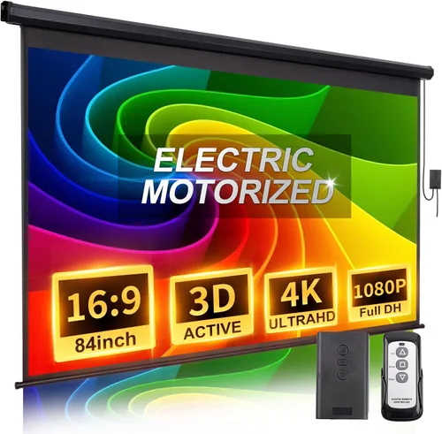 Pantalla de Proyector Motorizada de 84 Pulgadas 16:9 HD, Pantalla de Proyector Eléctrica Desenrollable con Control Remoto, Pantallas de Proyector