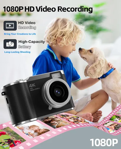 Miniatura 4 de Cámara para niños, cámara digital 4K para fotografía, cámara de video selfie HD 1080P de 48MP, con pantalla giratoria de 180° y flash, con tarjeta