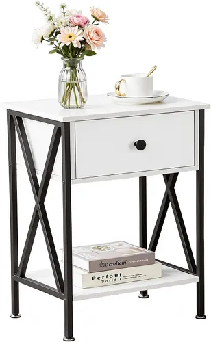 Miniatura 10 de VECELO - Mesita de noche moderna, mesa auxiliar de cabecera con cajón y estante de almacenamiento para sala de estar y dormitorio, marco de metal
