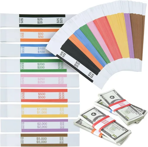 BLUE PANDA Bandas de dinero – Paquete de 300, 7.75 x 1.25 pulgadas, 9 colores ABA – Organizador de dinero para efectivo y monedas con tira adhesiva