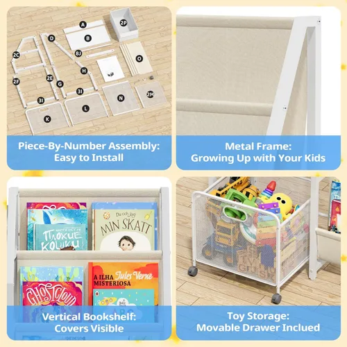 Miniatura 4 de Estantería para niños y organizador de almacenamiento de juguetes, estante de 3 niveles para habitaciones de niños con cajón móvil, estantería