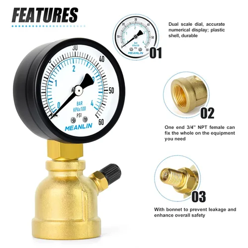 Miniatura 3 de MEANLIN MEASURE Medidores de presión de prueba de aire de latón forjado de 0-60Psi, conexión FNPT de 3/4", doble graduado de 2", ensamblaje
