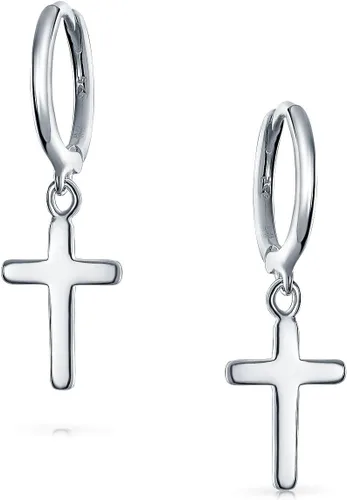 Miniatura 2 de Classic Simple Cuff Drop Dangle Religious Cross Earrings For Women Teen Lever Back Fish Hook Gold Plated .925 Sterling Silver
