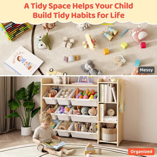 Miniatura 4 de DOREROOM Organizador de almacenamiento de juguetes con estantería, almacenamiento de juguetes para niños y organizadores con 3 estantes, 9