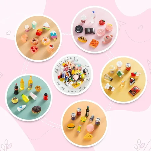 Miniatura 3 de 50 piezas de botellas en miniatura de comida y bebida, latas de refresco, accesorios de juego de cocina de simulación, juguetes de Hamburgo, pastel