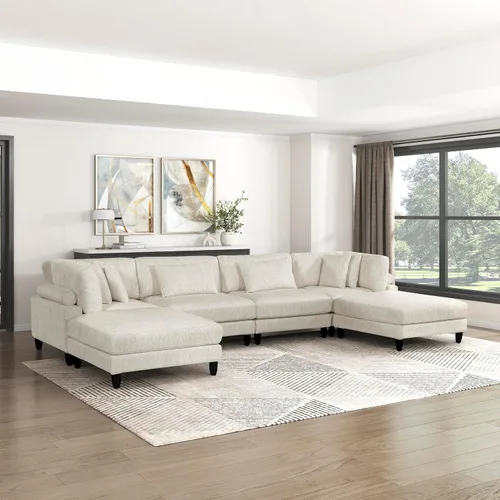 Miniatura 37 de Lexicon Sofá modular de 120 pulgadas, sofá modular de microfibra de gran tamaño de 4 plazas en forma de L, 6 almohadas decorativas y arreglo Beige