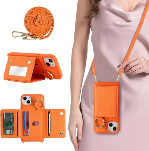 Miniatura 32 de Funda para iPhone 14 Plus con tarjetero y correa para mujer, cordón cruzado, espejo de maquillaje, soporte de anillo, cierre a presión, bonitas Rosa