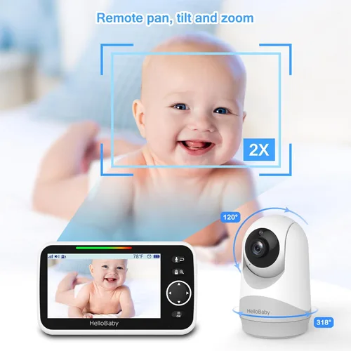 Miniatura 5 de HelloBaby Monitor con cámara y audio, pantalla de 5'' con transmisión de video de 16 horas, cámara remota con panorámica-inclinación-zoom