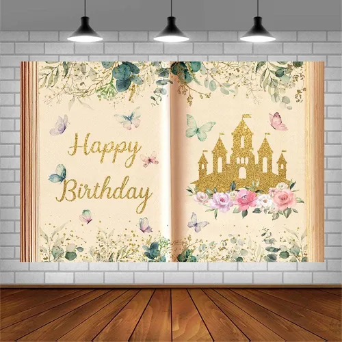Miniatura 3 de AIBIIN Libros de cuentos de hadas de 7 x 5 pies, telón de fondo de feliz cumpleaños para niña, libro de apertura antigua, Once Upon a Time, castillo