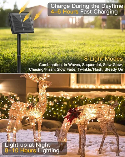 Miniatura 2 de Brightown Guirnalda de luces solares, 2 paquetes de 200 luces LED solares de 66 pies con 8 modos, luces solares impermeables para exteriores, patio