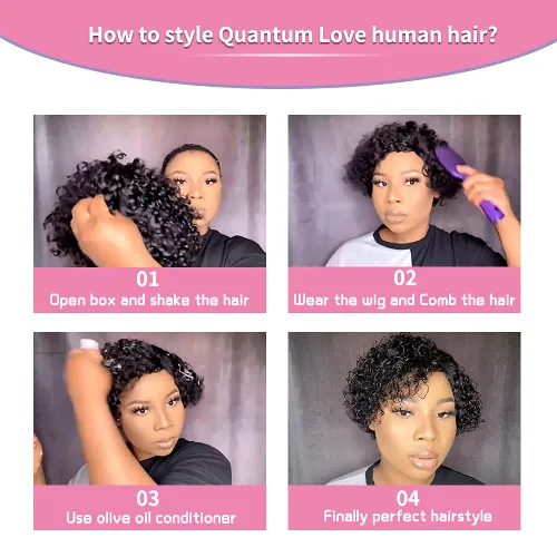 Miniatura 6 de Quantum Love Pelucas de cabello humano para mujeres negras, pelucas de cabello humano corto y rizado con raya lateral, corte Pixie, cabello humano