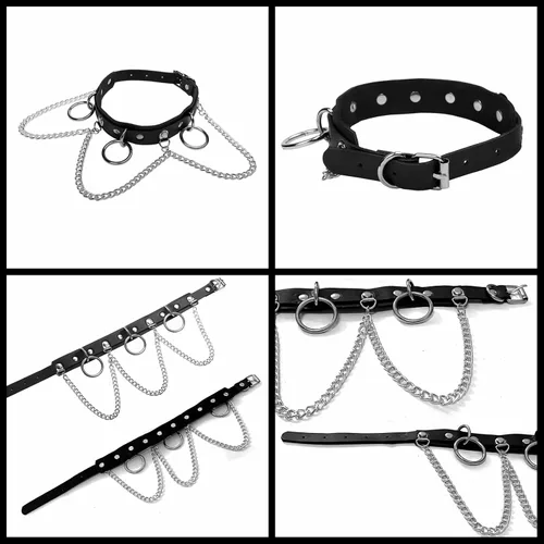 Miniatura 3 de Gargantilla de cuero con correa de cadena para adolescentes, punk gótico Y2K, accesorios de cosplay, tres anillos o y dijes de cadenas