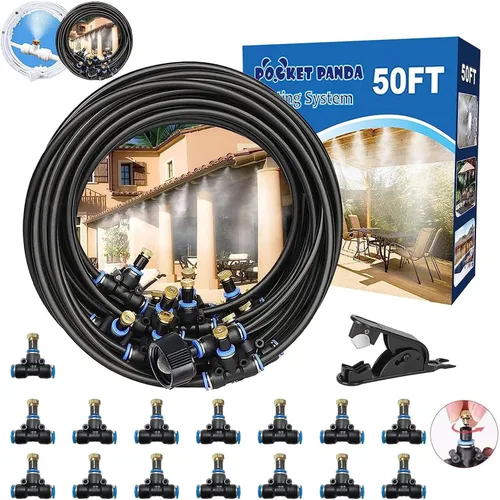 Miniatura 15 de Sistema de nebulización para patio de 80 pies (78.7 ft), manguera de rociador de agua para exteriores, jardín, invernadero, cubierta, paraguas, Negro