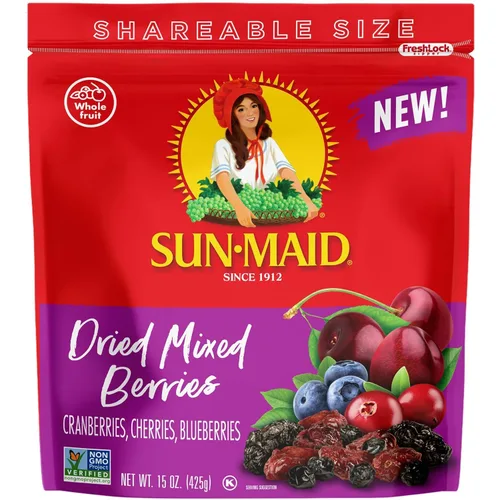 Sun-Maid Bayas Mixtas Deshidratadas – Bolsa Resellable de 15 oz – Arándanos Rojos Secos, Cerezas, Arándanos Azules – Snacks Navideños y Tablas de