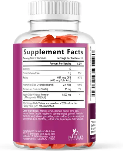 Miniatura 9 de Gomitas de vinagre de sidra de manzana, 1000 mg por porción, suplemento de vitaminas ACV de máxima fuerza sin azúcar, fórmula avanzada, vitamina B12