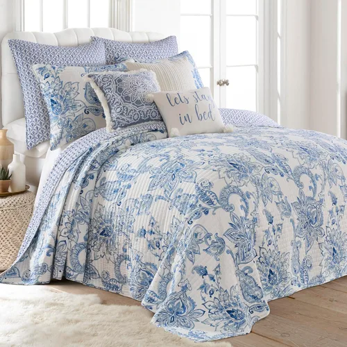 Levtex Home - Juego de colcha Bennett - Colcha individual (80 x 106 pulgadas) y 1 funda estándar (20 x 26 pulgadas) - Paisley floral - Azul y blanco