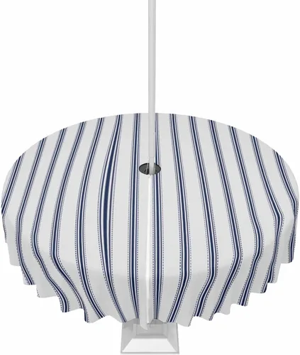 Mantel para exteriores a rayas azul marino, mantel redondo de 60 pulgadas, diseño de rayas blancas y azul marino, impermeable, con agujero para
