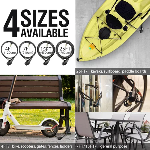 Miniatura 6 de MARQUE Candado de bicicleta con llave – 3/8" (4 pies, 7 pies, 15 pies, 25 pies) cerraduras de cable recto con llaves, cable de seguridad antirrobo