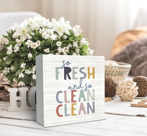 Miniatura 3 de SRADMO Letrero de madera con texto en inglés «So Fresh So Clean» para niños, decoración de escritorio con texto en inglés «So Fresh So Clean»