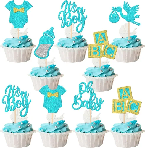 Miniatura 9 de 24 piezas de adornos para cupcakes para bebé niño con purpurina luna, estrella, baby shower, revelación de género, cupcakes para celebrar cumpleaños