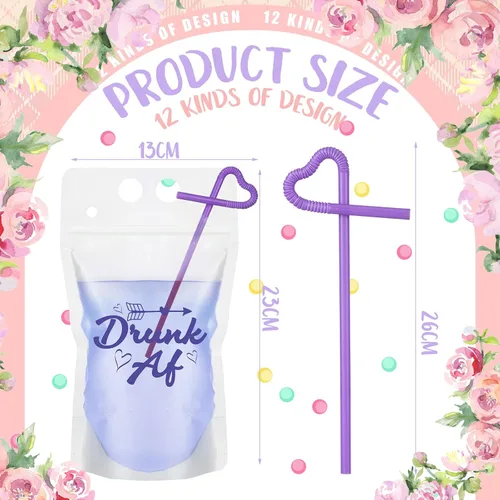 Miniatura 2 de Hoolerry 24 bolsas de bebidas para dama de honor con pajitas, bolsas de bebidas para adultos con alcohol de 17 onzas de mano, tazas traviesas